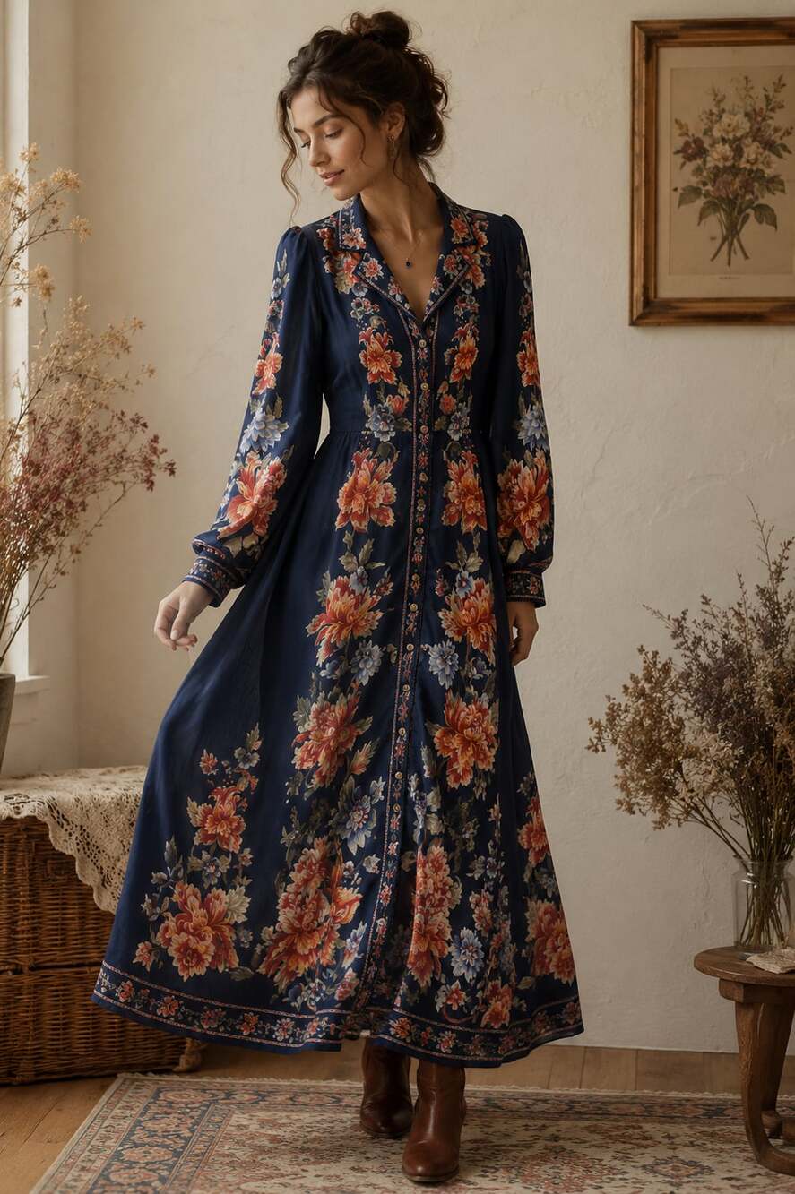 Dalia MacPhee Floral Maxi Dress Boho Romantic Cottagecore Prairie Navy Large NWT